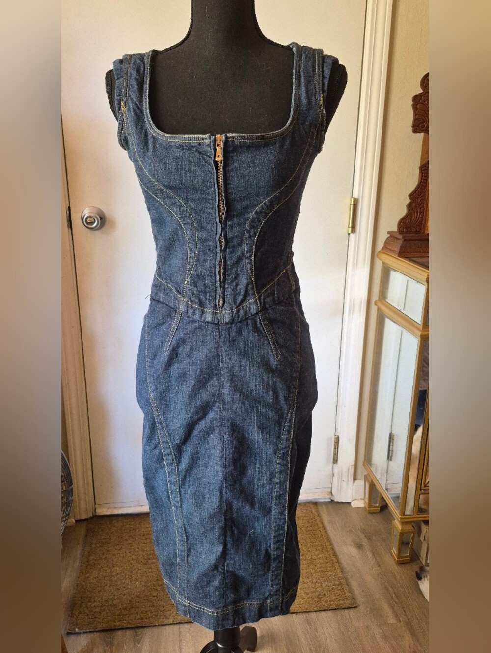 Dolce & Gabbana Dark Blue Denim Zip-Front Pencil Dress